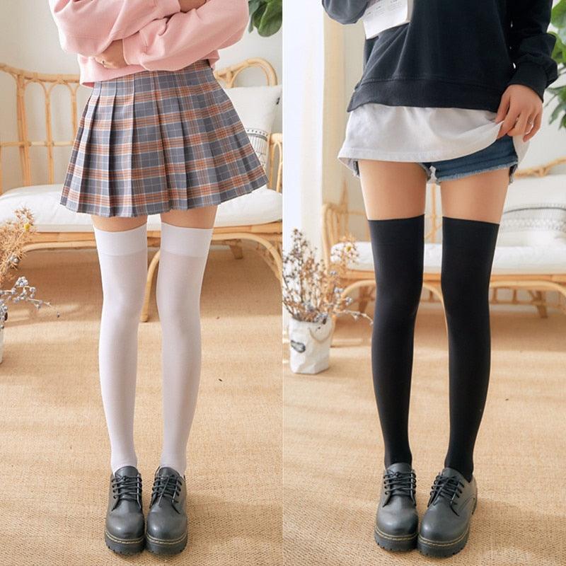 Chaussettes opaques hautes élastiques pour femmes, étudiantes, style collégien, au-dessus du genou.