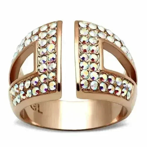 GL222 Bague en laiton plaqué or rose IP – Pièce maîtresse en cristal Aurore Boréale