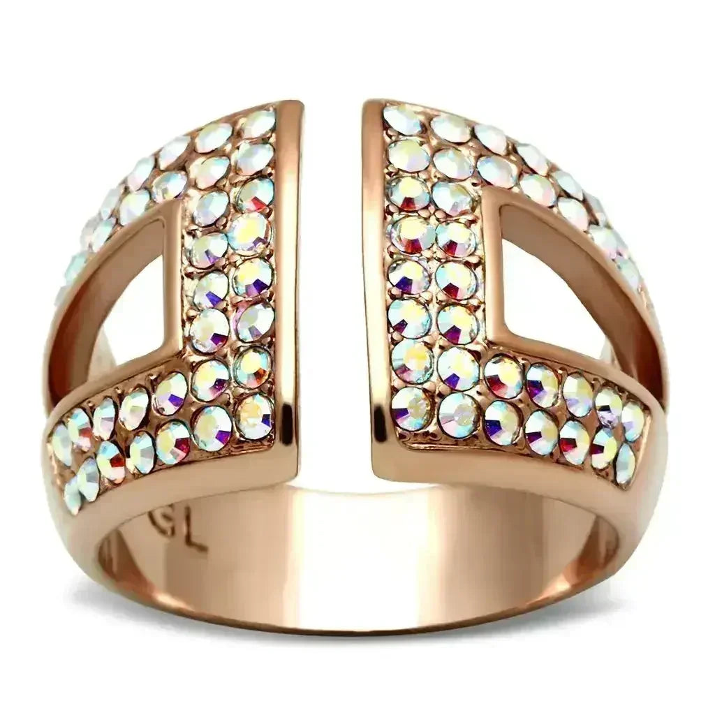 GL222 Bague en laiton plaqué or rose IP – Pièce maîtresse en cristal Aurore Boréale