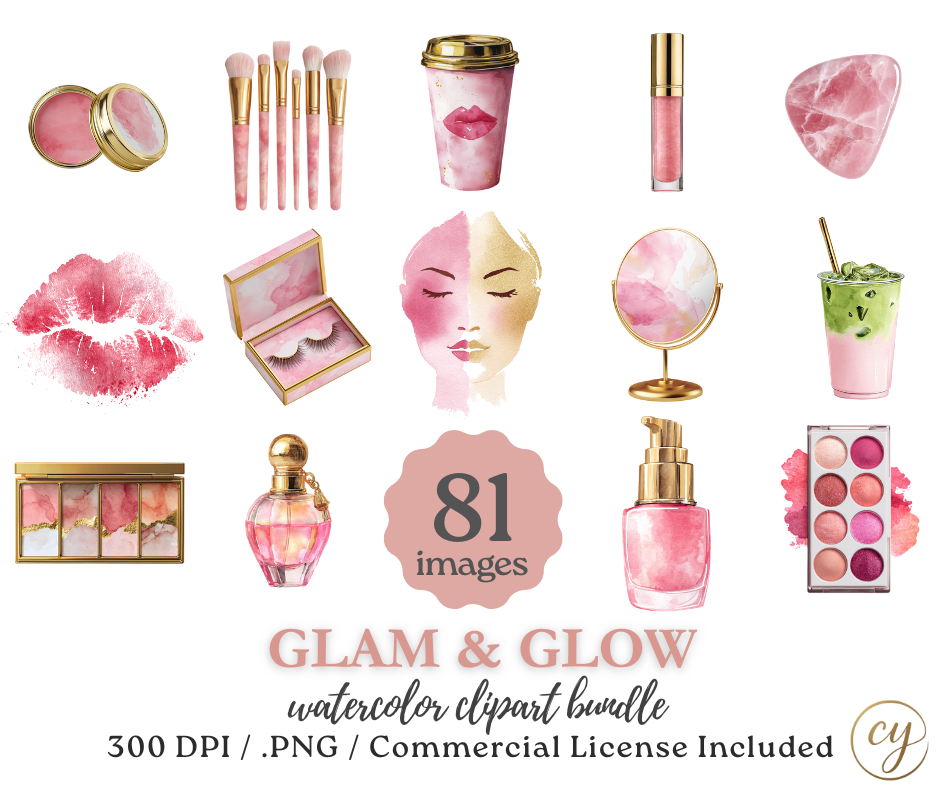 Glam & Glow – Kit d'images numériques aquarelle – Icônes MUA roses et or (81 PNG, licence commerciale)
