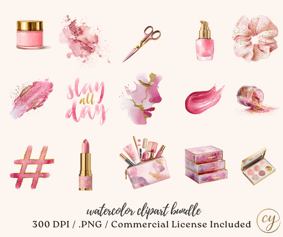 Glam & Glow – Kit d'images numériques aquarelle – Icônes MUA roses et or (81 PNG, licence commerciale)