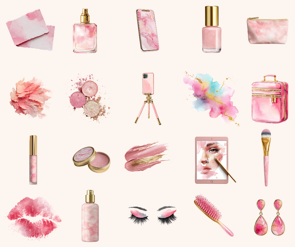 Glam & Glow – Kit d'images numériques aquarelle – Icônes MUA roses et or (81 PNG, licence commerciale)