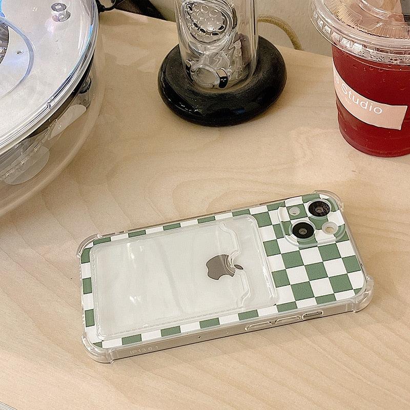 Étui de téléphone glamour avec porte-cartes transparent brillant, coque fine en silicone souple antichoc pour iPhone 14 13 11 12 Pro Max 7 8 Plus, jolie housse transparente à carreaux verts pour iPhone X XR XS, étui de téléphone antichoc avec porte-cartes