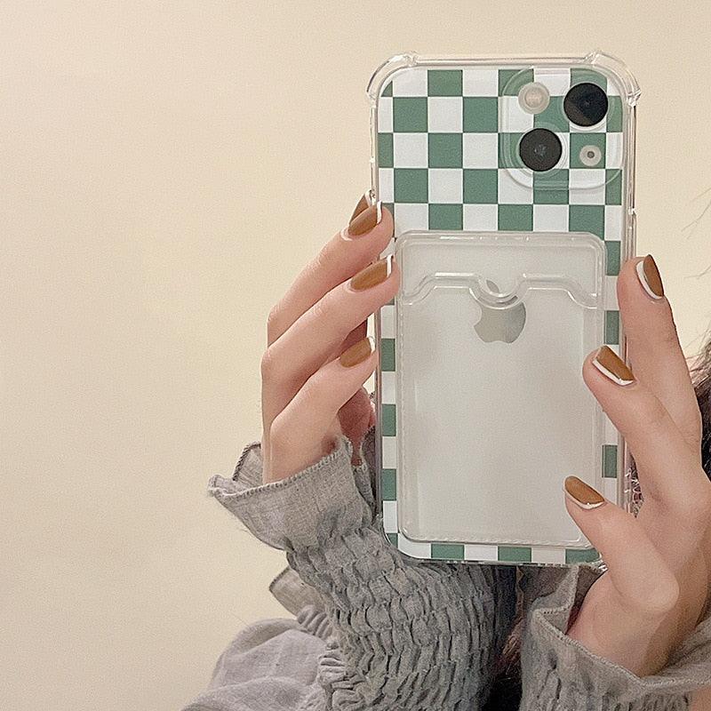 Étui de téléphone glamour avec porte-cartes transparent brillant, coque fine en silicone souple antichoc pour iPhone 14 13 11 12 Pro Max 7 8 Plus, jolie housse transparente à carreaux verts pour iPhone X XR XS, étui de téléphone antichoc avec porte-cartes