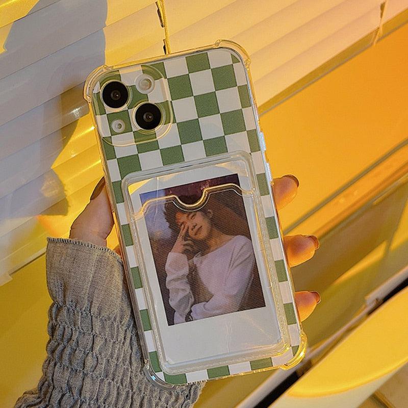 Étui de téléphone glamour avec porte-cartes transparent brillant, coque fine en silicone souple antichoc pour iPhone 14 13 11 12 Pro Max 7 8 Plus, jolie housse transparente à carreaux verts pour iPhone X XR XS, étui de téléphone antichoc avec porte-cartes