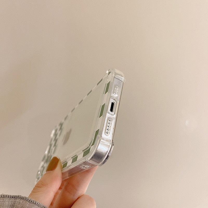 Étui de téléphone glamour avec porte-cartes transparent brillant, coque fine en silicone souple antichoc pour iPhone 14 13 11 12 Pro Max 7 8 Plus, jolie housse transparente à carreaux verts pour iPhone X XR XS, étui de téléphone antichoc avec porte-cartes