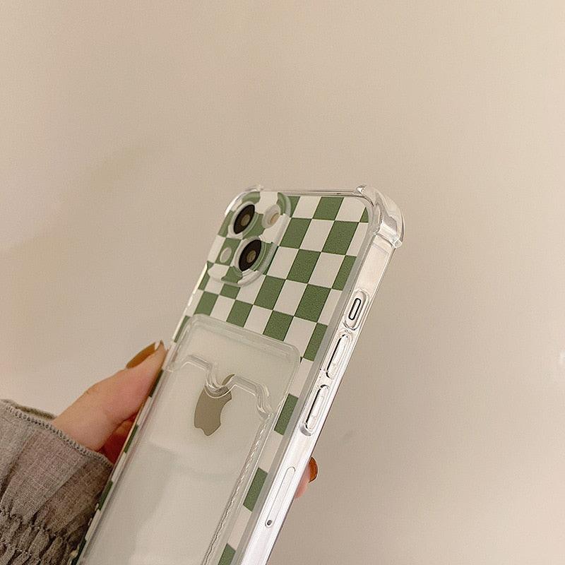 Étui de téléphone glamour avec porte-cartes transparent brillant, coque fine en silicone souple antichoc pour iPhone 14 13 11 12 Pro Max 7 8 Plus, jolie housse transparente à carreaux verts pour iPhone X XR XS, étui de téléphone antichoc avec porte-cartes