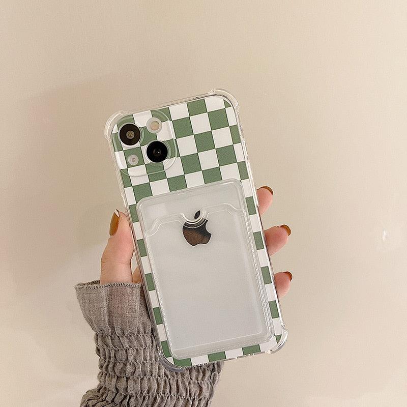 Étui de téléphone glamour avec porte-cartes transparent brillant, coque fine en silicone souple antichoc pour iPhone 14 13 11 12 Pro Max 7 8 Plus, jolie housse transparente à carreaux verts pour iPhone X XR XS, étui de téléphone antichoc avec porte-cartes