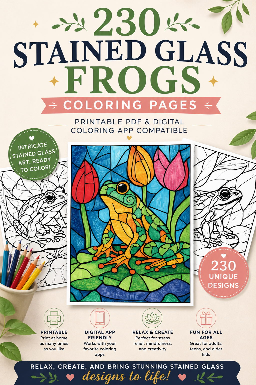 230 pages de coloriage de grenouilles en vitrail – Compatible PDF imprimable et application de coloriage numérique