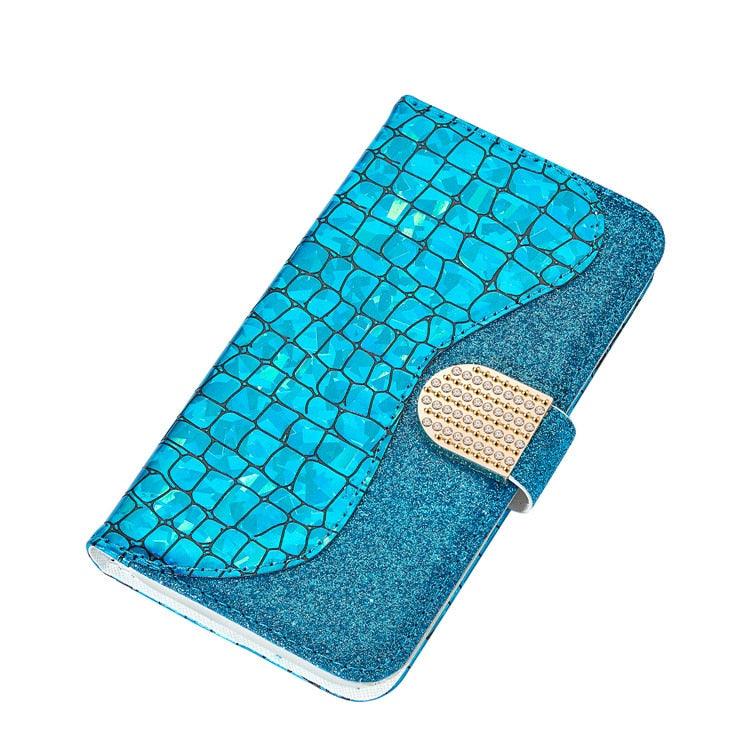 Étui en cuir pailleté pour iPhone 11 12 13 14 Pro XR XS Max Étui portefeuille en cuir à rabat motif alligator pour iPhone SE Étui portefeuille en cuir à rabat horizontal texturé pailleté avec fentes pour cartes, support et accessoires de téléphone