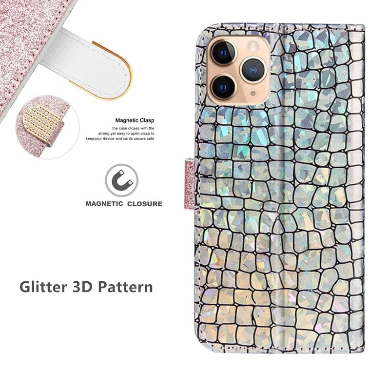 Étui en cuir pailleté pour iPhone 11 12 13 14 Pro XR XS Max Étui portefeuille en cuir à rabat motif alligator pour iPhone SE Étui portefeuille en cuir à rabat horizontal texturé pailleté avec fentes pour cartes, support et accessoires de téléphone