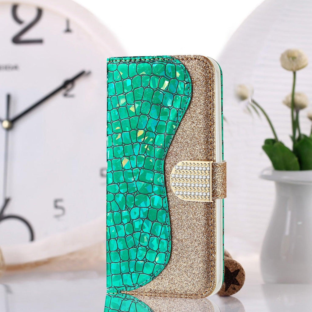 Étui en cuir pailleté pour iPhone 11 12 13 14 Pro XR XS Max Étui portefeuille en cuir à rabat motif alligator pour iPhone SE Étui portefeuille en cuir à rabat horizontal texturé pailleté avec fentes pour cartes, support et accessoires de téléphone