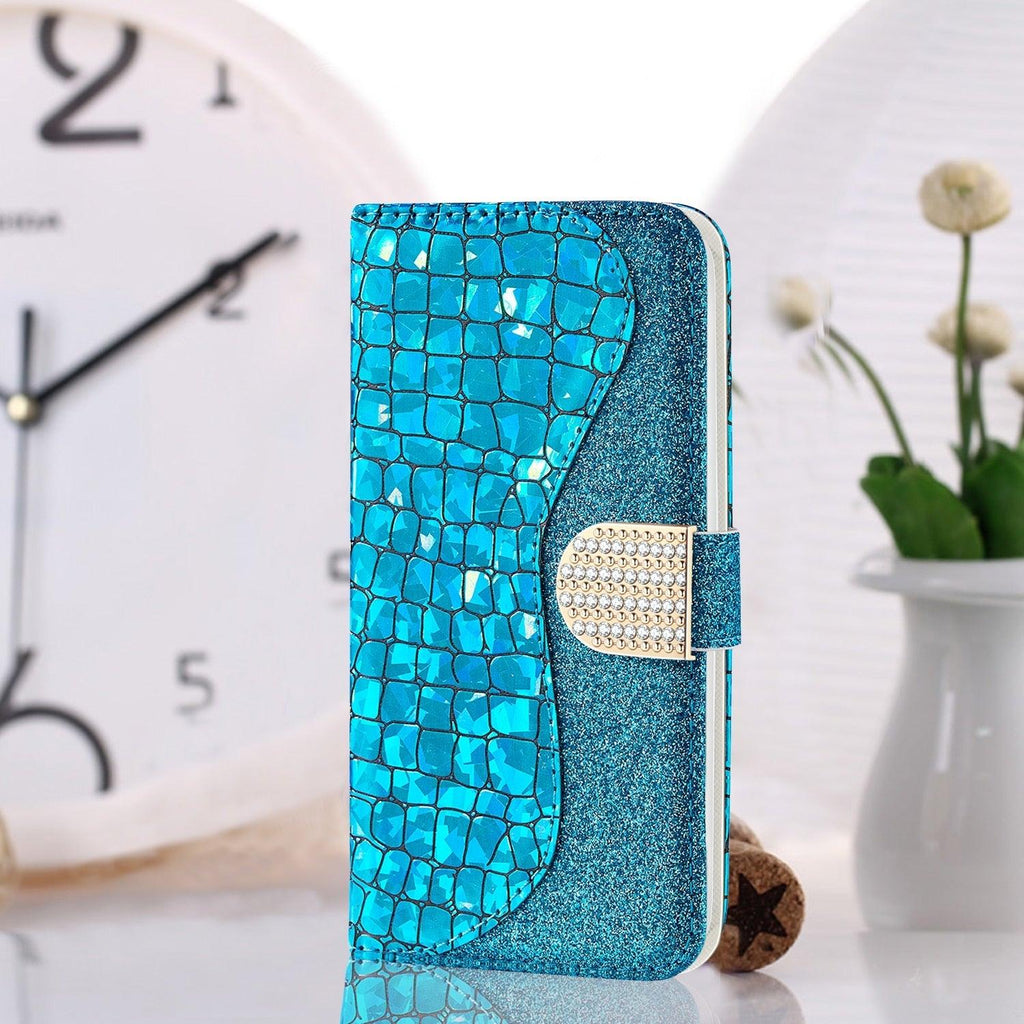 Étui en cuir pailleté pour iPhone 11 12 13 14 Pro XR XS Max Étui portefeuille en cuir à rabat motif alligator pour iPhone SE Étui portefeuille en cuir à rabat horizontal texturé pailleté avec fentes pour cartes, support et accessoires de téléphone