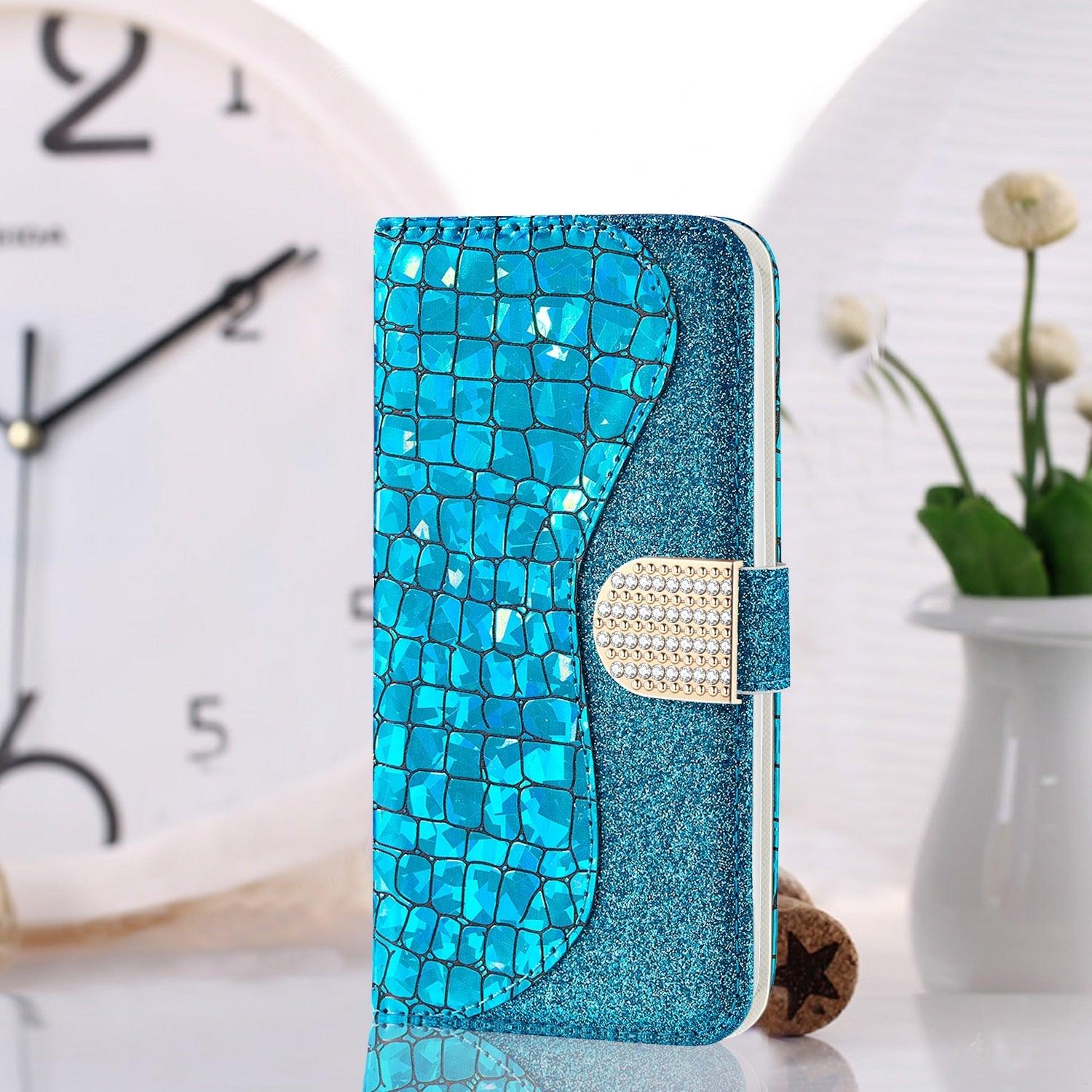 Étui en cuir pailleté pour iPhone 11 12 13 14 Pro XR XS Max Étui portefeuille en cuir à rabat motif alligator pour iPhone SE Étui portefeuille en cuir à rabat horizontal texturé pailleté avec fentes pour cartes, support et accessoires de téléphone