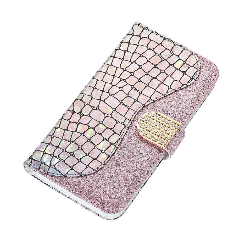 Étui en cuir pailleté pour iPhone 11 12 13 14 Pro XR XS Max Étui portefeuille en cuir à rabat motif alligator pour iPhone SE Étui portefeuille en cuir à rabat horizontal texturé pailleté avec fentes pour cartes, support et accessoires de téléphone