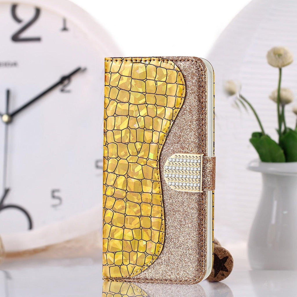 Étui en cuir pailleté pour iPhone 11 12 13 14 Pro XR XS Max Étui portefeuille en cuir à rabat motif alligator pour iPhone SE Étui portefeuille en cuir à rabat horizontal texturé pailleté avec fentes pour cartes, support et accessoires de téléphone
