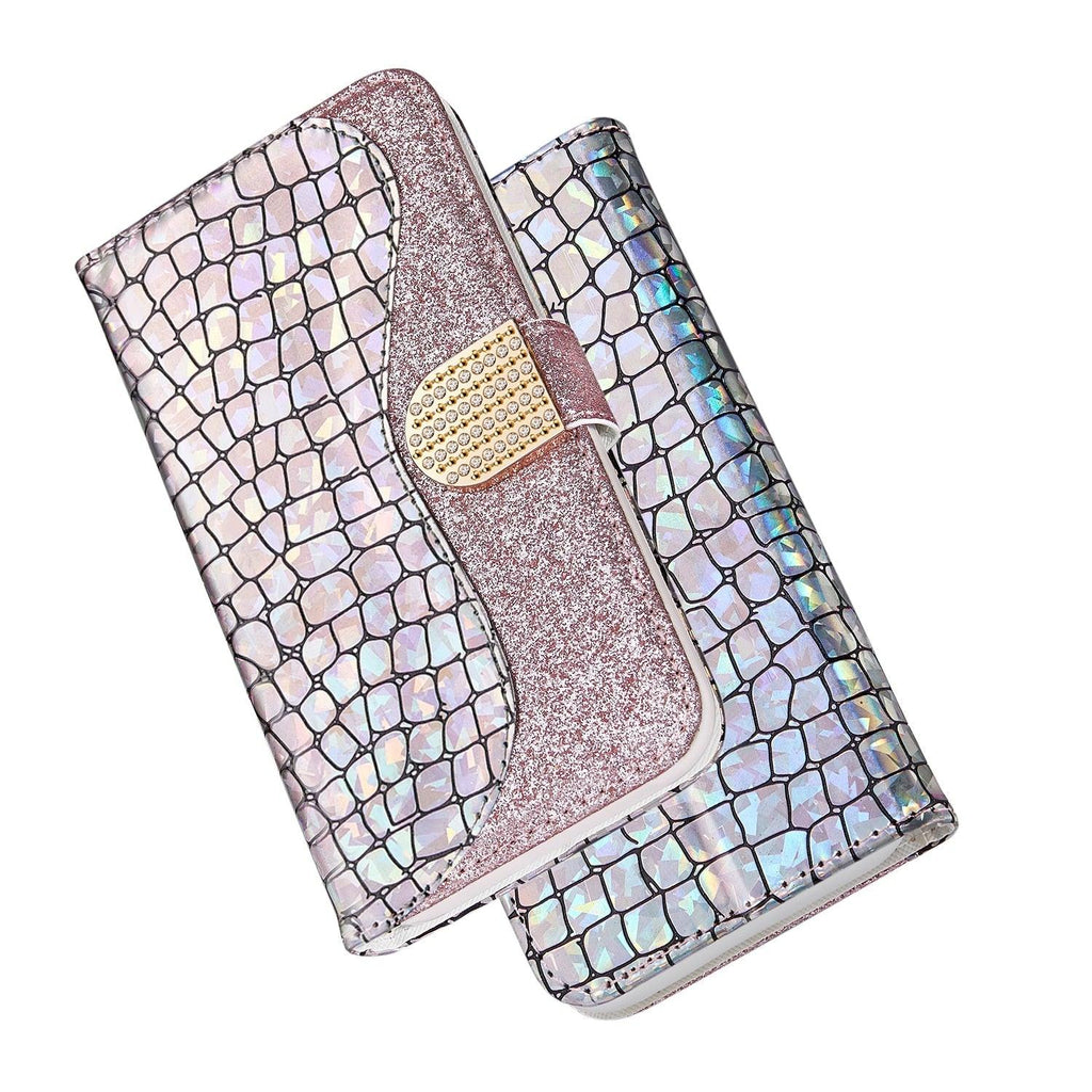 Étui en cuir pailleté pour iPhone 11 12 13 14 Pro XR XS Max Étui portefeuille en cuir à rabat motif alligator pour iPhone SE Étui portefeuille en cuir à rabat horizontal texturé pailleté avec fentes pour cartes, support et accessoires de téléphone