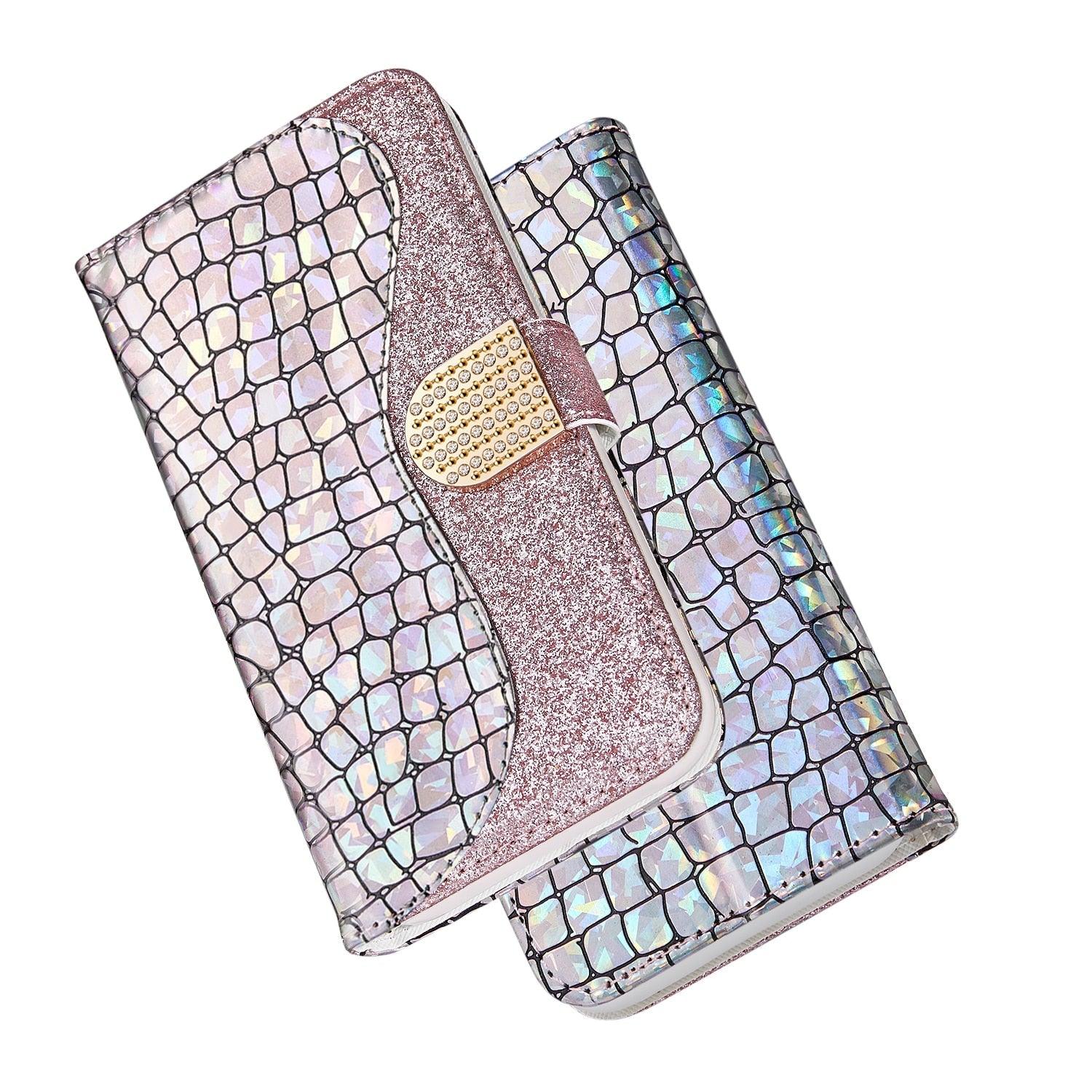 Étui en cuir pailleté pour iPhone 11 12 13 14 Pro XR XS Max Étui portefeuille en cuir à rabat motif alligator pour iPhone SE Étui portefeuille en cuir à rabat horizontal texturé pailleté avec fentes pour cartes, support et accessoires de téléphone
