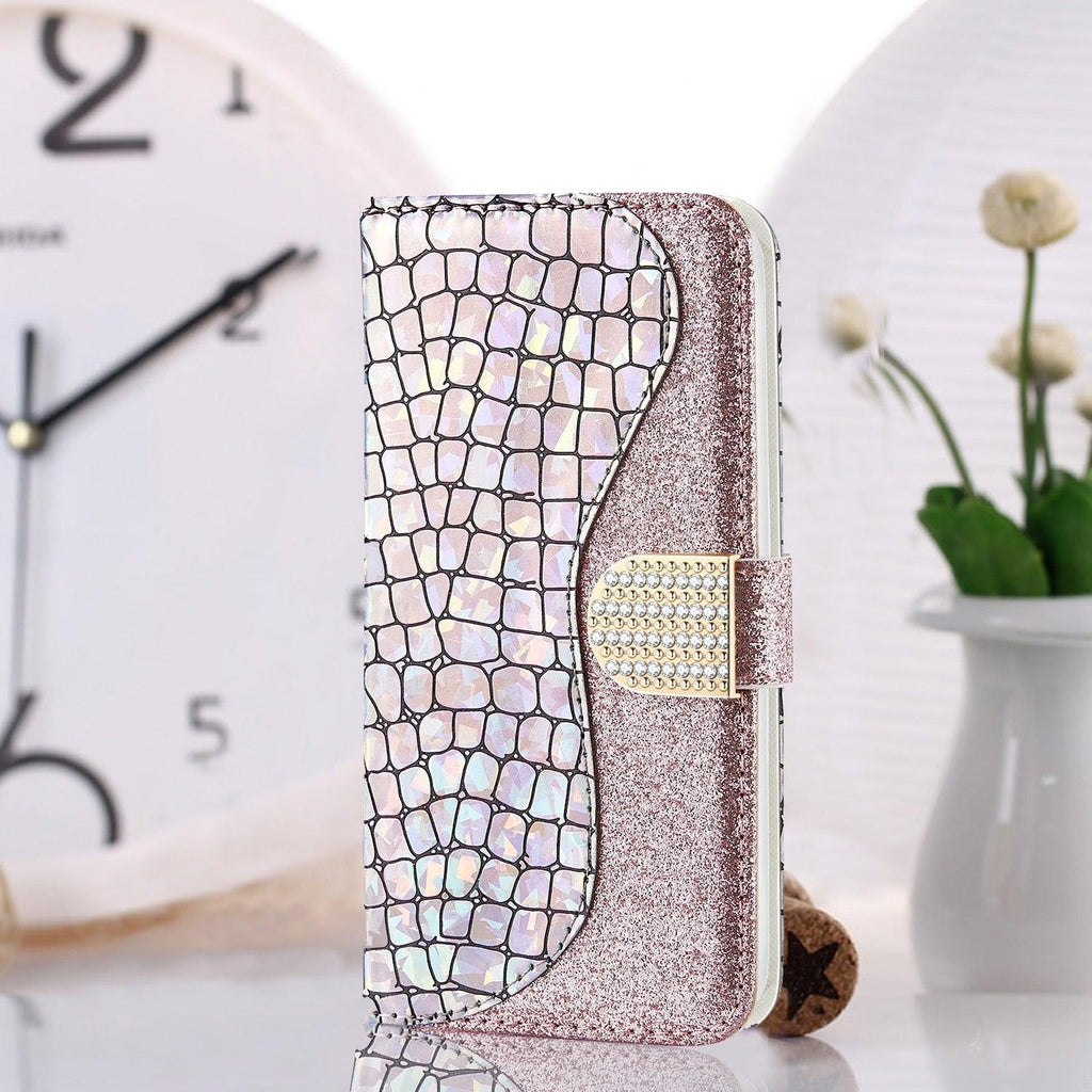 Étui en cuir pailleté pour iPhone 11 12 13 14 Pro XR XS Max Étui portefeuille en cuir à rabat motif alligator pour iPhone SE Étui portefeuille en cuir à rabat horizontal texturé pailleté avec fentes pour cartes, support et accessoires de téléphone