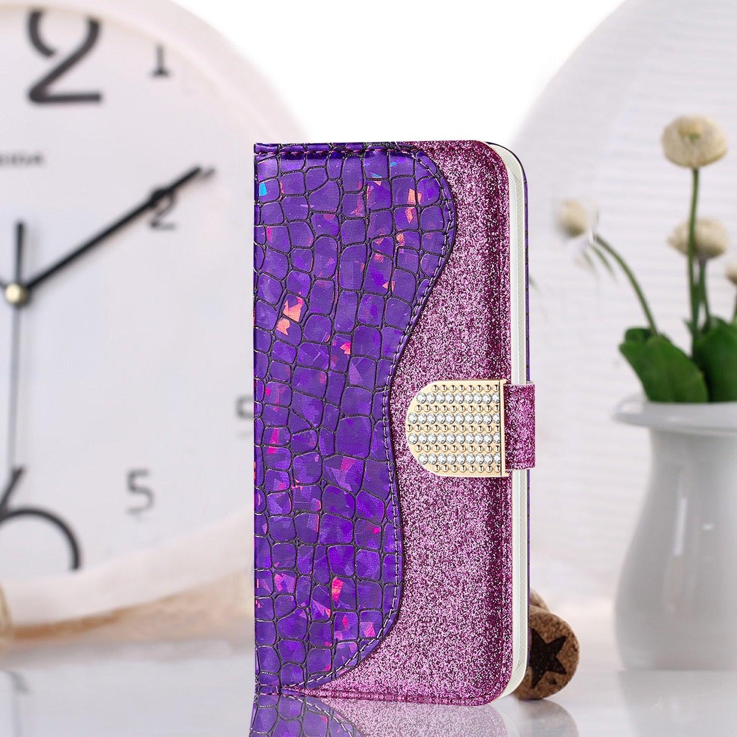 Étui en cuir pailleté pour iPhone 11 12 13 14 Pro XR XS Max Étui portefeuille en cuir à rabat motif alligator pour iPhone SE Étui portefeuille en cuir à rabat horizontal texturé pailleté avec fentes pour cartes, support et accessoires de téléphone