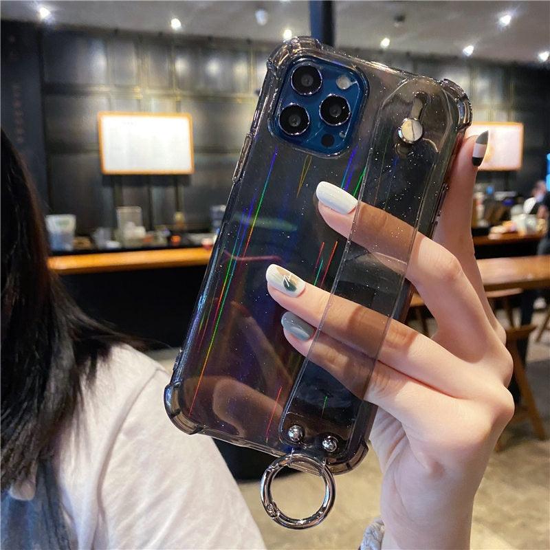 Housse Souple Transparente Antichoc avec Dragonne à Paillettes pour iPhone 13 11 12 14 Pro Max XS Max XR X 7 8 Plus 12 13Pro 14, Coque Arrière Souple Transparente avec Sangle Réglable pour iPhone