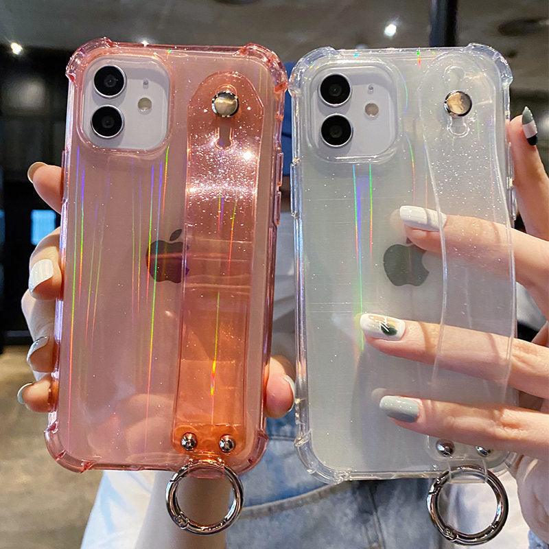 Housse Souple Transparente Antichoc avec Dragonne à Paillettes pour iPhone 13 11 12 14 Pro Max XS Max XR X 7 8 Plus 12 13Pro 14, Coque Arrière Souple Transparente avec Sangle Réglable pour iPhone