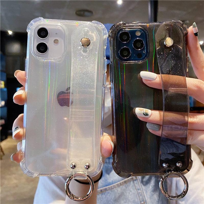 Housse Souple Transparente Antichoc avec Dragonne à Paillettes pour iPhone 13 11 12 14 Pro Max XS Max XR X 7 8 Plus 12 13Pro 14, Coque Arrière Souple Transparente avec Sangle Réglable pour iPhone