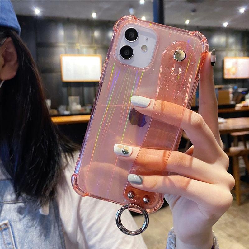 Housse Souple Transparente Antichoc avec Dragonne à Paillettes pour iPhone 13 11 12 14 Pro Max XS Max XR X 7 8 Plus 12 13Pro 14, Coque Arrière Souple Transparente avec Sangle Réglable pour iPhone