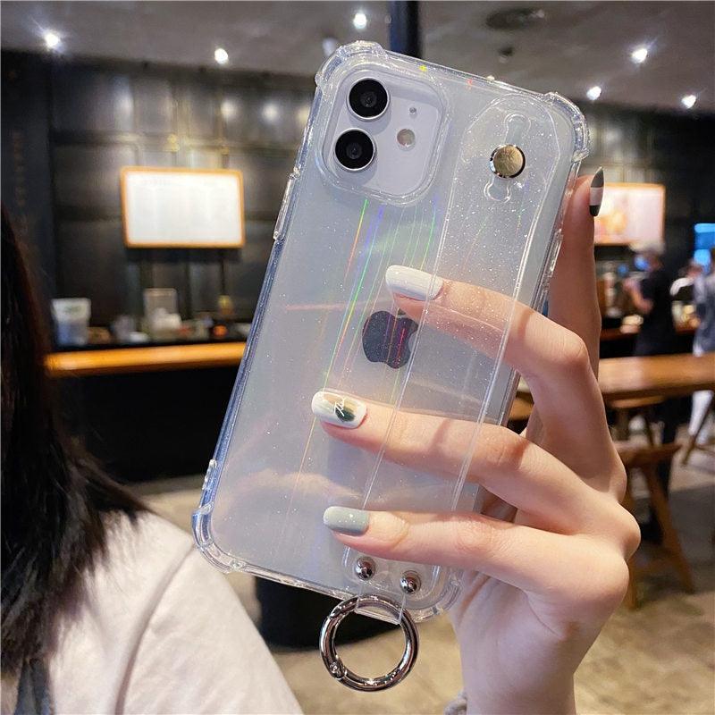 Housse Souple Transparente Antichoc avec Dragonne à Paillettes pour iPhone 13 11 12 14 Pro Max XS Max XR X 7 8 Plus 12 13Pro 14, Coque Arrière Souple Transparente avec Sangle Réglable pour iPhone