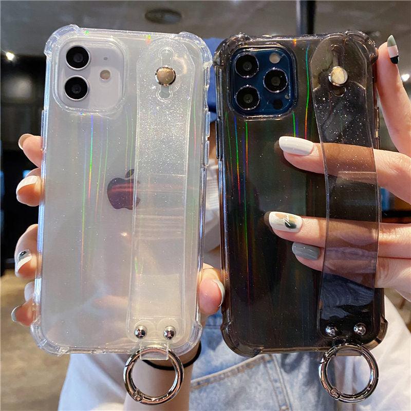 Housse Souple Transparente Antichoc avec Dragonne à Paillettes pour iPhone 13 11 12 14 Pro Max XS Max XR X 7 8 Plus 12 13Pro 14, Coque Arrière Souple Transparente avec Sangle Réglable pour iPhone