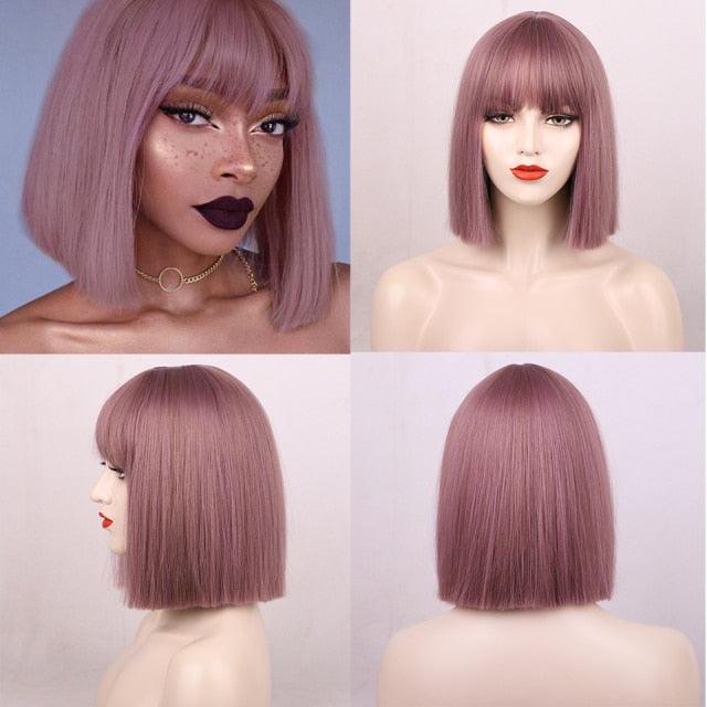 Perruques synthétiques courtes Glorious, perruques bob noires/roses avec frange pour femmes, perruques en fibre résistante à la chaleur, perruques brésiliennes pour femmes noires, perruques de cosplay pour femmes