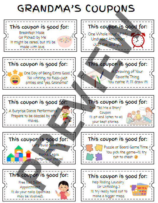 Carnet de coupons pour grand-mère à imprimer – Cadeau de fête des mères des enfants – Modèle Canva modifiable