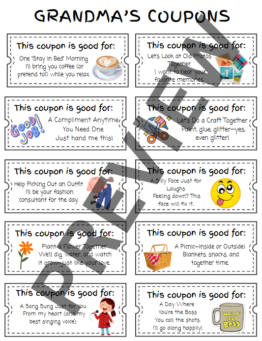 Carnet de coupons pour grand-mère à imprimer – Cadeau de fête des mères des enfants – Modèle Canva modifiable