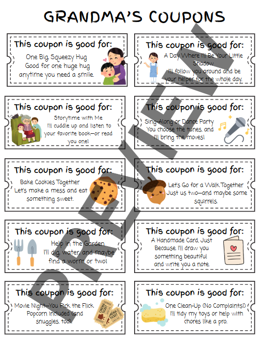 Carnet de coupons pour grand-mère à imprimer – Cadeau de fête des mères des enfants – Modèle Canva modifiable