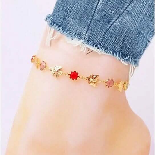 Bracelet de cheville papillon doré avec pierres en cristal multicolores