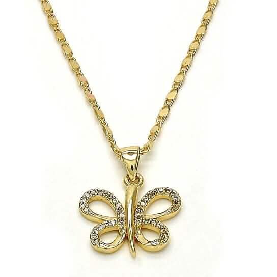 Collier fantaisie papillon en or laminé, micro-pavé blanc, finition polie, ton doré