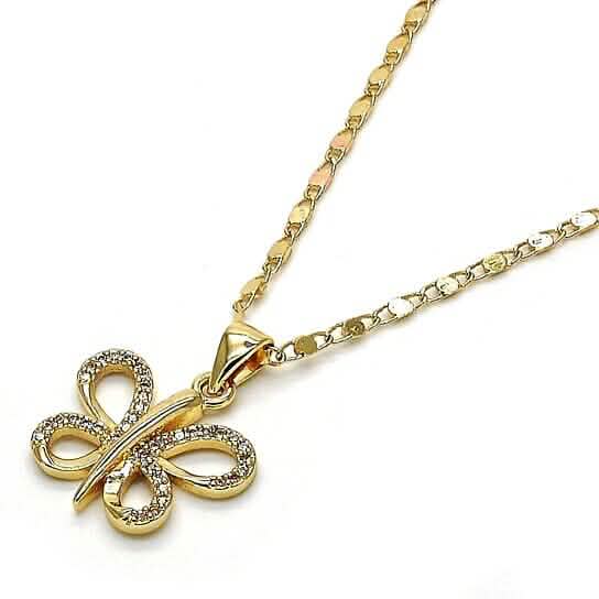 Collier fantaisie papillon en or laminé, micro-pavé blanc, finition polie, ton doré