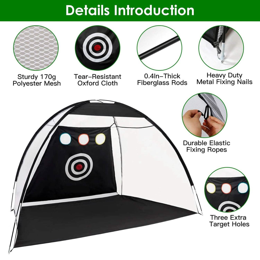 Aides d'entraînement de golf Filets de frappe avec tapis de golf triple gazon Tissu cible 10 balles de golf 7 tees de golf 2 supports de tees de golf en caoutchouc Sac de transport pour sports intérieurs et extérieurs