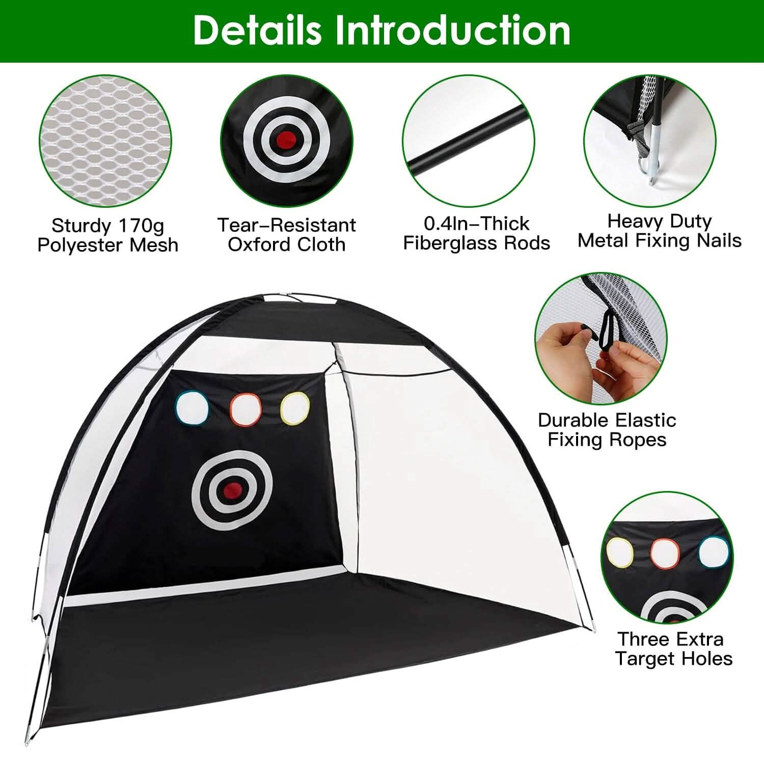 Aides d'entraînement de golf Filets de frappe avec tapis de golf triple gazon Tissu cible 10 balles de golf 7 tees de golf 2 supports de tees de golf en caoutchouc Sac de transport pour sports intérieurs et extérieurs