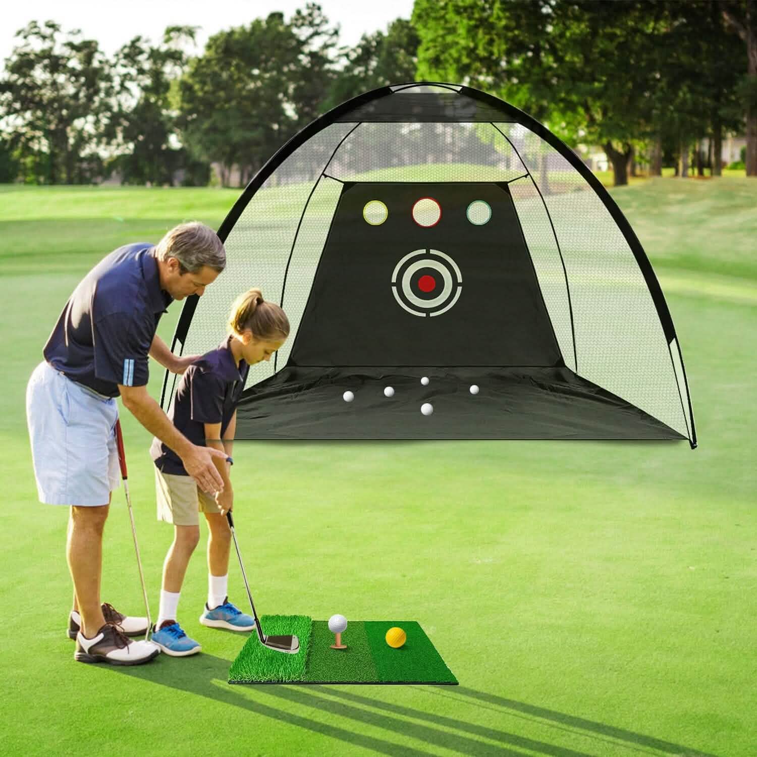 Aides d'entraînement de golf Filets de frappe avec tapis de golf triple gazon Tissu cible 10 balles de golf 7 tees de golf 2 supports de tees de golf en caoutchouc Sac de transport pour sports intérieurs et extérieurs