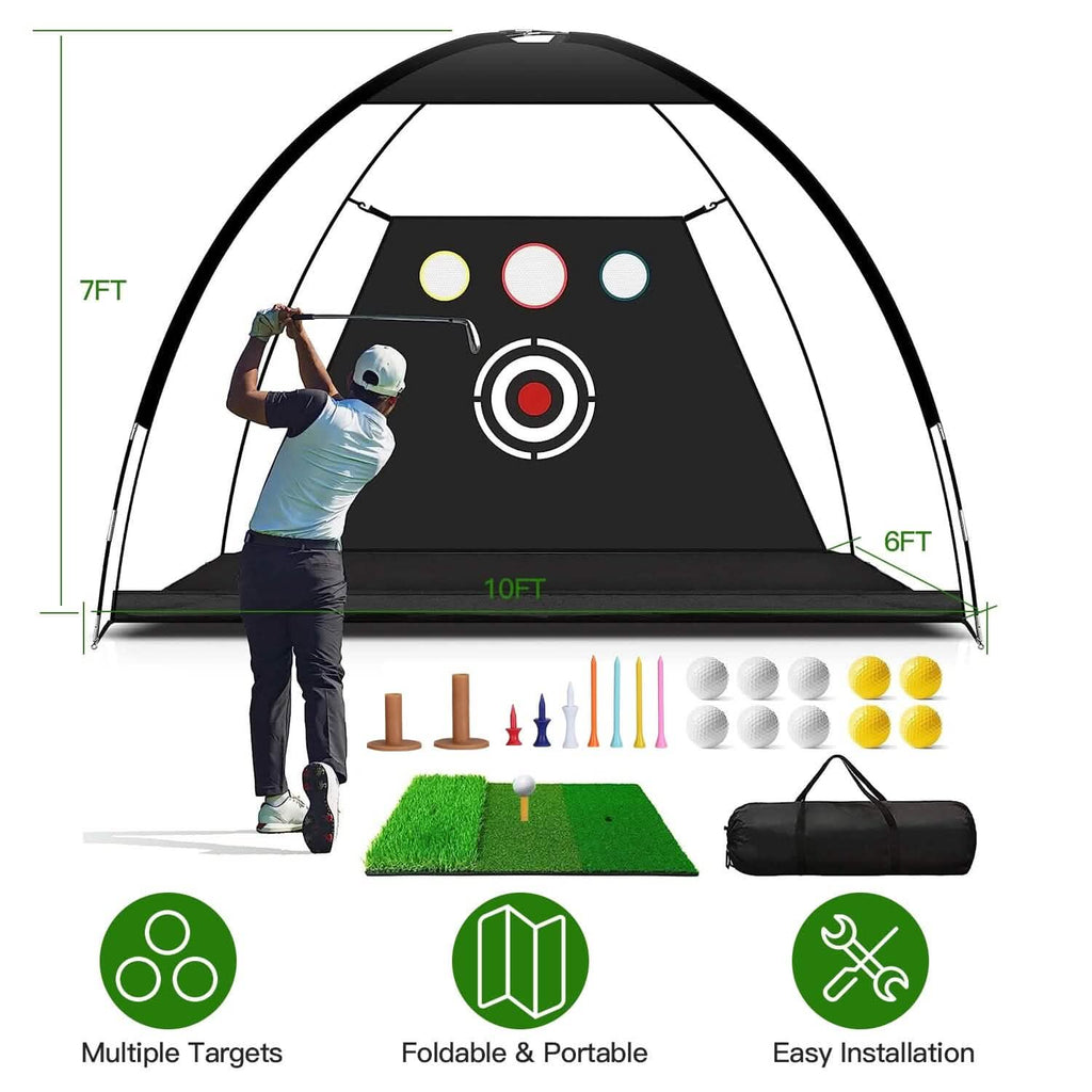 Aides d'entraînement de golf Filets de frappe avec tapis de golf triple gazon Tissu cible 10 balles de golf 7 tees de golf 2 supports de tees de golf en caoutchouc Sac de transport pour sports intérieurs et extérieurs