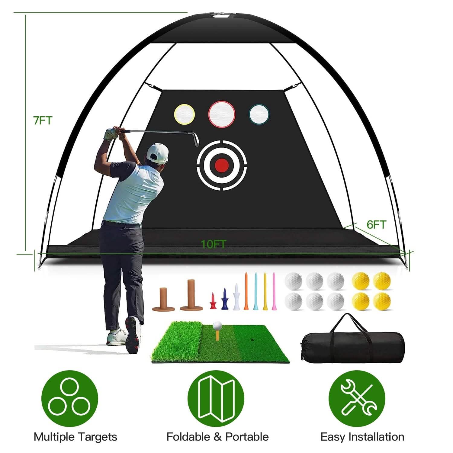 Aides d'entraînement de golf Filets de frappe avec tapis de golf triple gazon Tissu cible 10 balles de golf 7 tees de golf 2 supports de tees de golf en caoutchouc Sac de transport pour sports intérieurs et extérieurs