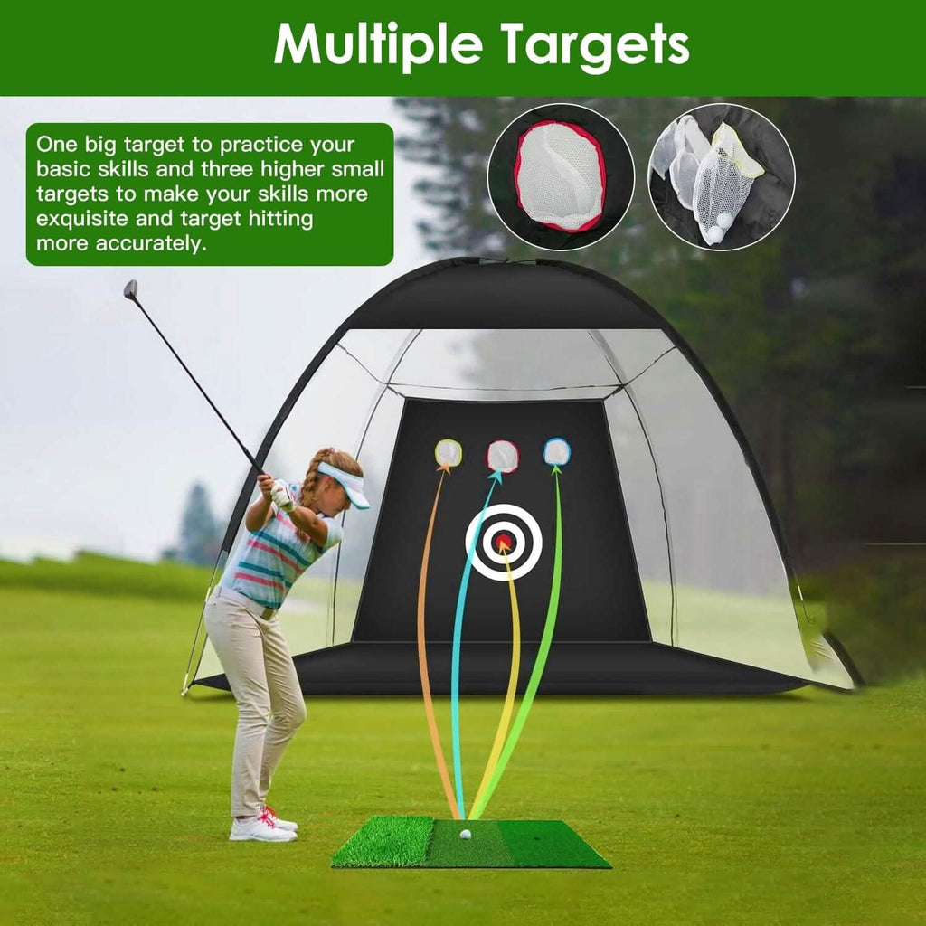 Aides d'entraînement de golf Filets de frappe avec tapis de golf triple gazon Tissu cible 10 balles de golf 7 tees de golf 2 supports de tees de golf en caoutchouc Sac de transport pour sports intérieurs et extérieurs