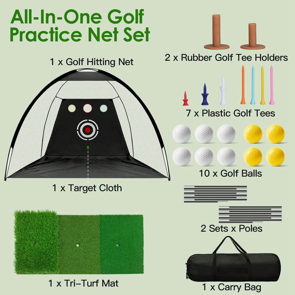 Aides d'entraînement de golf Filets de frappe avec tapis de golf triple gazon Tissu cible 10 balles de golf 7 tees de golf 2 supports de tees de golf en caoutchouc Sac de transport pour sports intérieurs et extérieurs