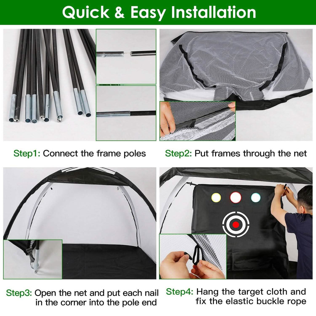 Aides d'entraînement de golf Filets de frappe avec tapis de golf triple gazon Tissu cible 10 balles de golf 7 tees de golf 2 supports de tees de golf en caoutchouc Sac de transport pour sports intérieurs et extérieurs