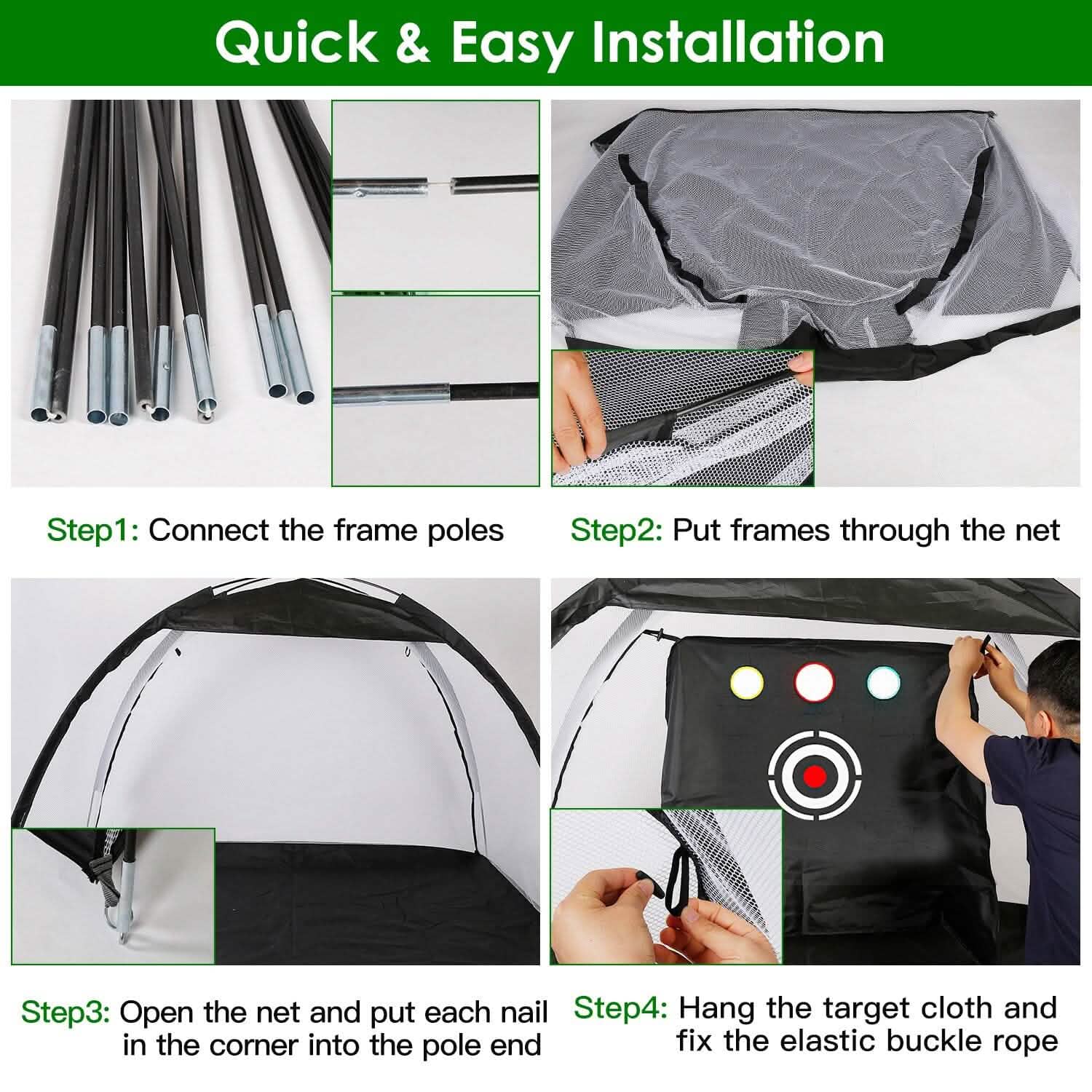 Aides d'entraînement de golf Filets de frappe avec tapis de golf triple gazon Tissu cible 10 balles de golf 7 tees de golf 2 supports de tees de golf en caoutchouc Sac de transport pour sports intérieurs et extérieurs