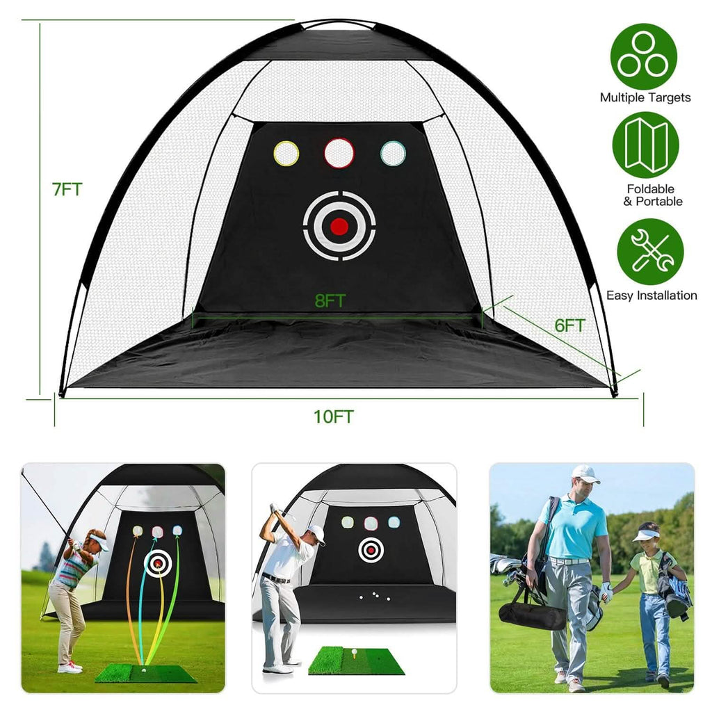 Aides d'entraînement de golf Filets de frappe avec tapis de golf triple gazon Tissu cible 10 balles de golf 7 tees de golf 2 supports de tees de golf en caoutchouc Sac de transport pour sports intérieurs et extérieurs