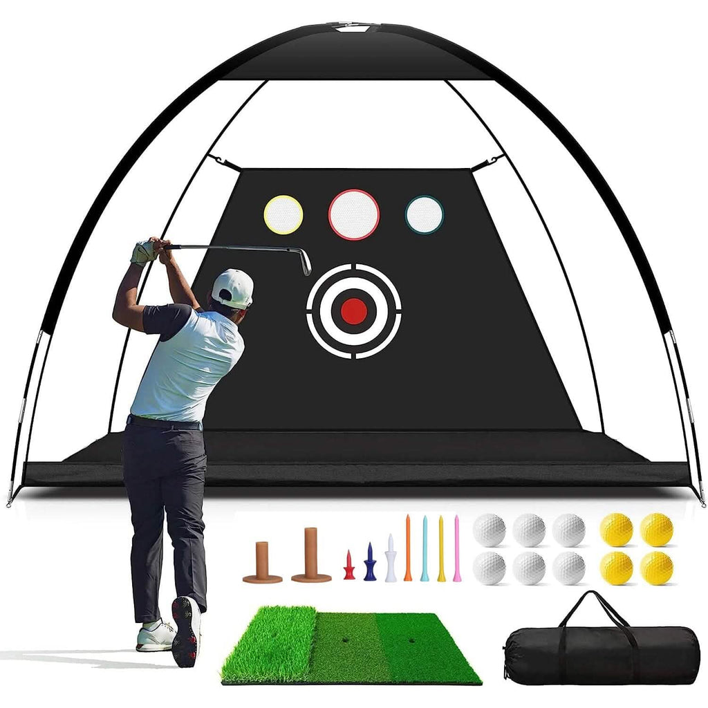 Aides d'entraînement de golf Filets de frappe avec tapis de golf triple gazon Tissu cible 10 balles de golf 7 tees de golf 2 supports de tees de golf en caoutchouc Sac de transport pour sports intérieurs et extérieurs