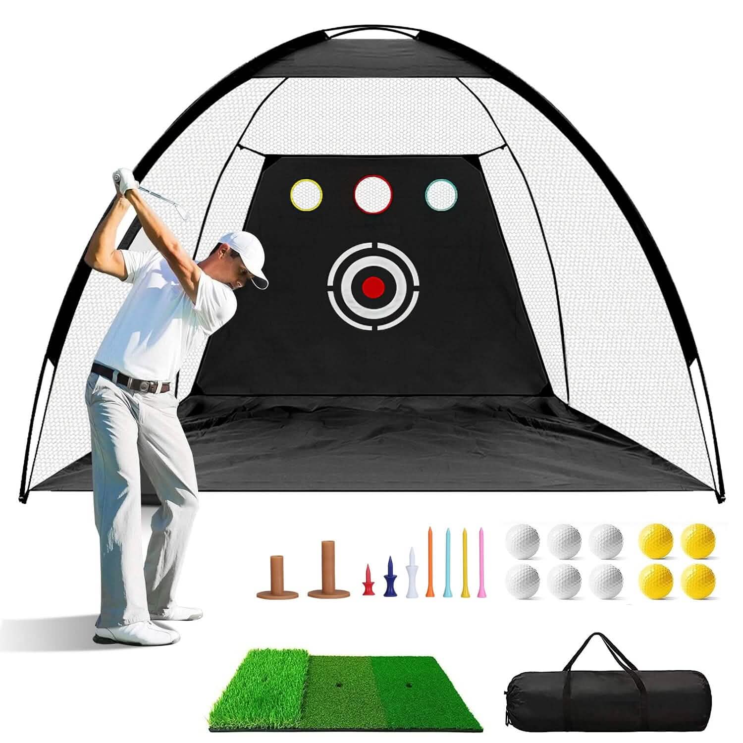 Aides d'entraînement de golf Filets de frappe avec tapis de golf triple gazon Tissu cible 10 balles de golf 7 tees de golf 2 supports de tees de golf en caoutchouc Sac de transport pour sports intérieurs et extérieurs