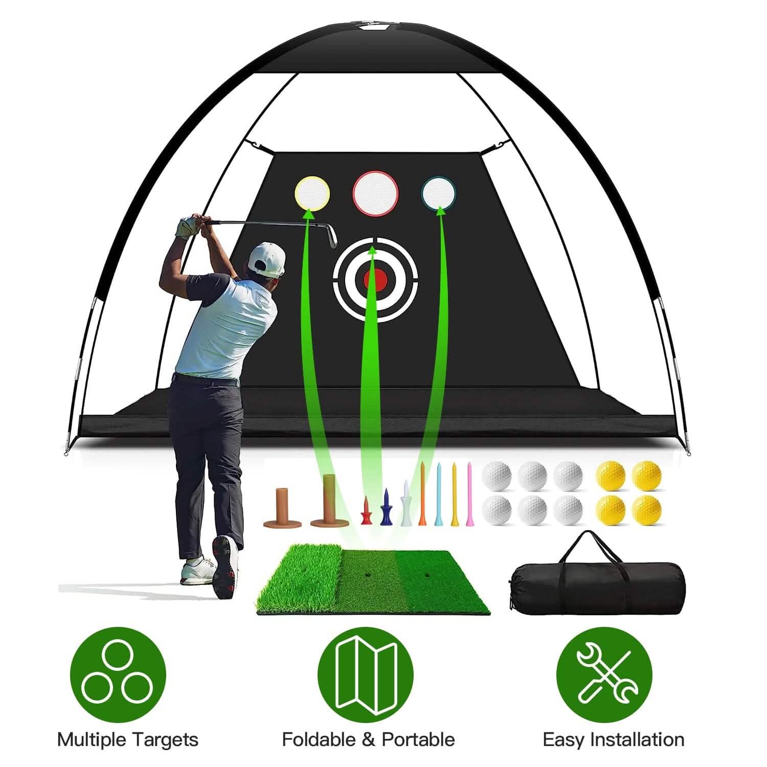 Aides d'entraînement de golf Filets de frappe avec tapis de golf triple gazon Tissu cible 10 balles de golf 7 tees de golf 2 supports de tees de golf en caoutchouc Sac de transport pour sports intérieurs et extérieurs